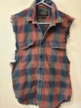 Filson Flannel Button Down Cut Off Upcycled Vest Outdoor Plaid Blue Orange Sz M